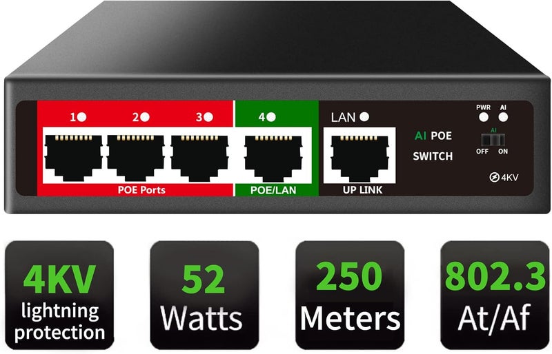 STEAMEMO 5 Port PoE+ Switch | Easy Smart Managed Ethernet Switch | Support VLAN, QoS | 52W Total PoE Budget | Fanless Metal | Plug & Play (Desktop/Wall Mount) - Image 1